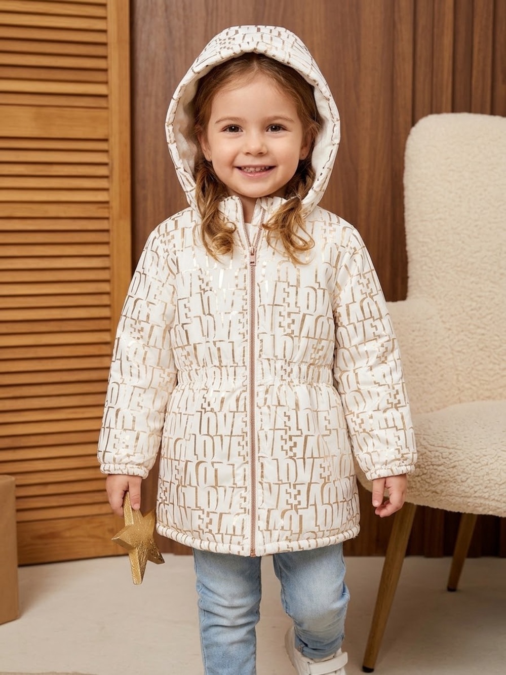 Penelope Mack Girls Size 4 Winter Coat White Gold Foil Love Hooded Jacket
